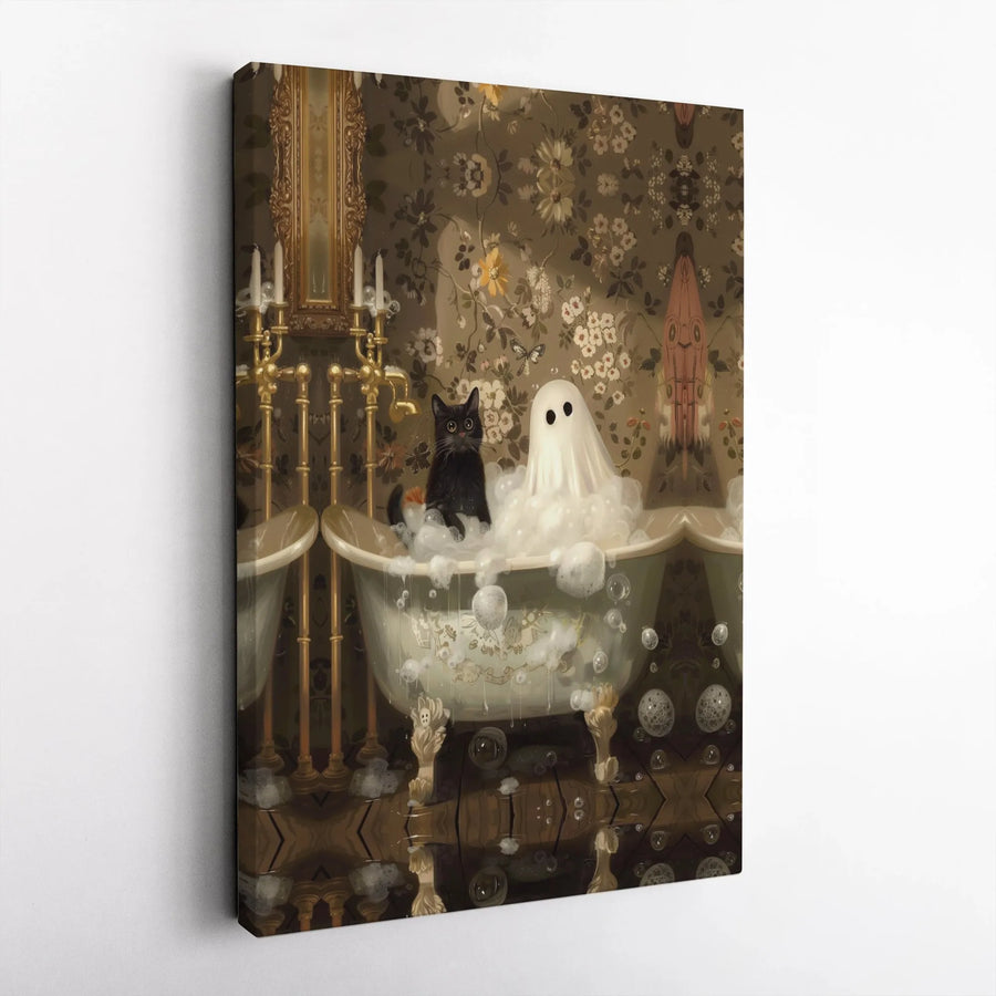 Ghost and Black Cat Wall Art | Whimsical Bathtub Illustration | Premium 1.25-Inch Canvas Print | Gothic Home Decor for Halloween Lovers