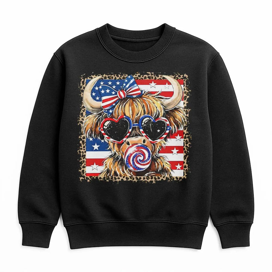 Highland Cow 4th of July Sweatshirt | Leopard Print American Flag Graphic | Premium Cotton Blend | Patriotic Western Gift for Women