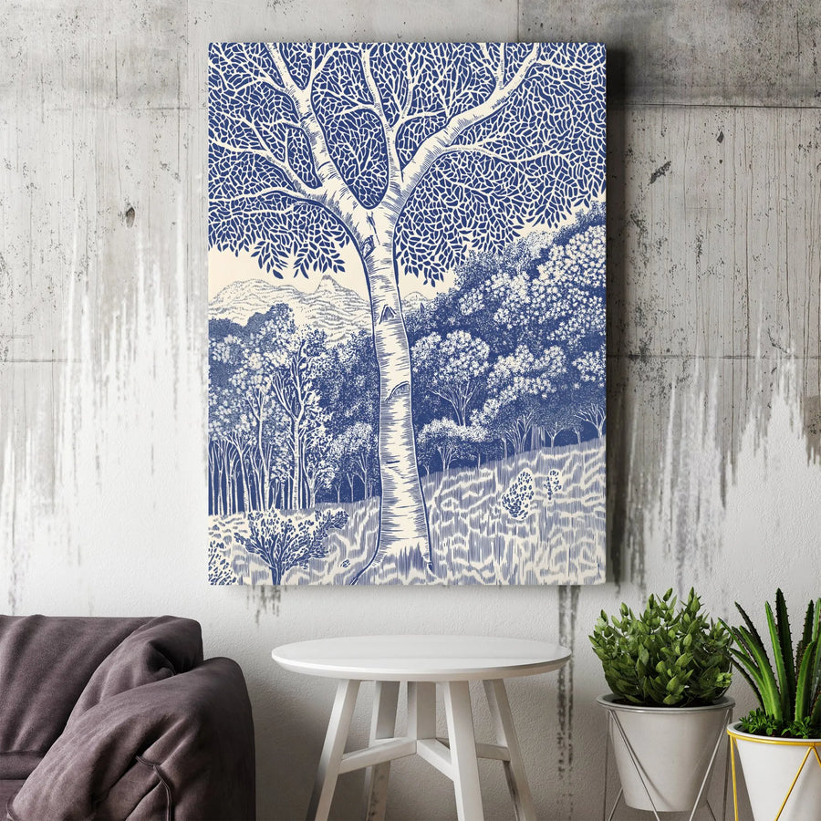 Birch Tree Forest Wall Art | Blue and White Woodcut Landscape | Gallery Wrap Canvas Print | Modern Nature Decor for Living Room or Office
