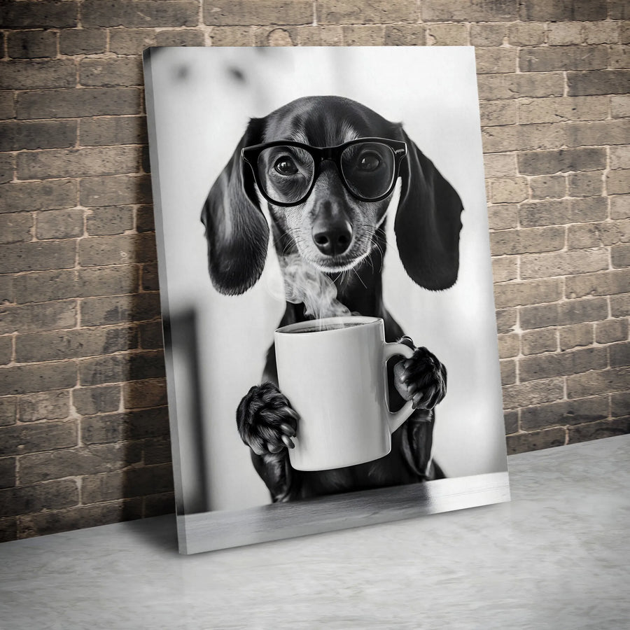 Dachshund Wall Art | Coffee Lover Dog Portrait With Glasses | Gallery-Quality 1.25" Canvas Print | Perfect Gift For Dog Owners & Home Decor