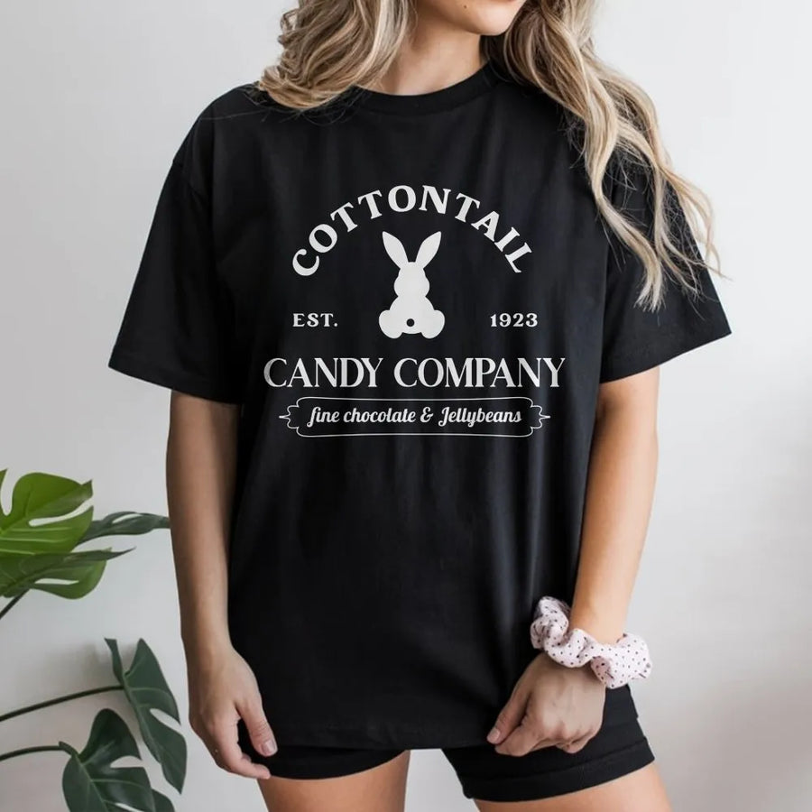Cottontail Candy Company T-Shirt | Vintage Easter Bunny Graphic | 100% Cotton Premium Tee | Cute Rabbit Gift for Spring Egg Hunt