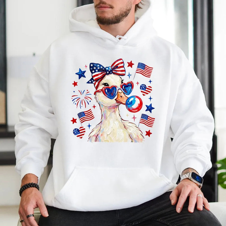 Patriotic Duck Hoodie | Cute Coquette Americana Graphic | Soft Cotton Blend | 4th of July Party Gift for Her