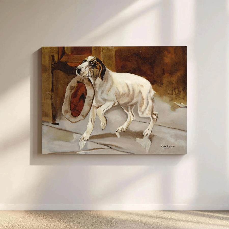Dog Holding Hat Painting | Fine Art Dog Portrait Canvas Print | Gallery-Quality Wall Decor | Vintage Style Animal Lover Gift