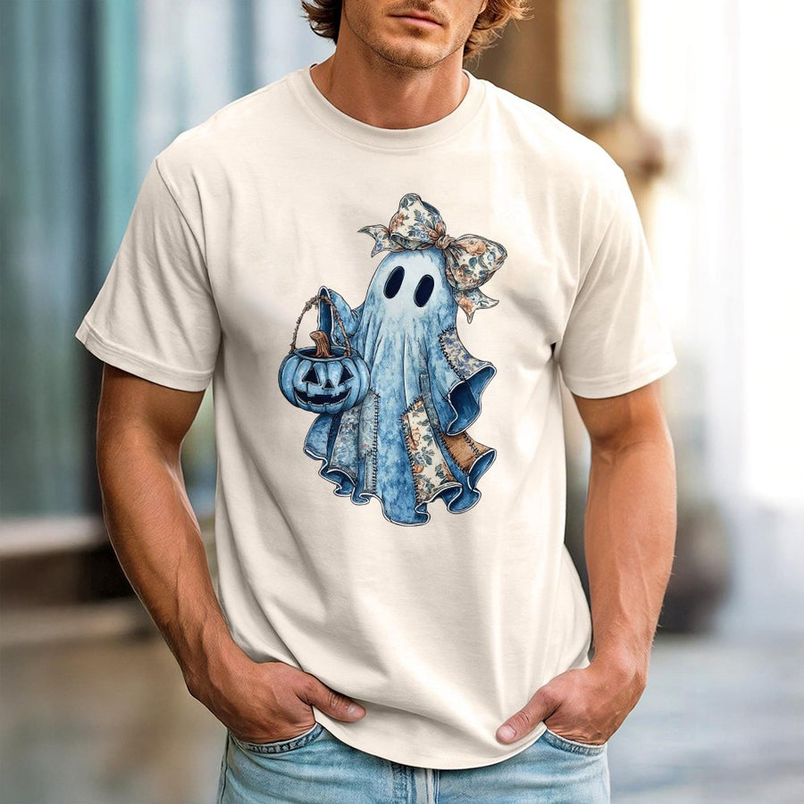 Cute Ghost T-Shirt | Retro Denim Patchwork Pumpkin Design | 100% Cotton Premium Tee | Spooky Halloween Gift for Women