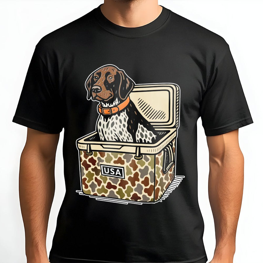 German Shorthaired Pointer T-Shirt | Hunting Dog in Camo Cooler Graphic | Premium Cotton Apparel | Gift for Bird Dog Owners and Outdoorsmen