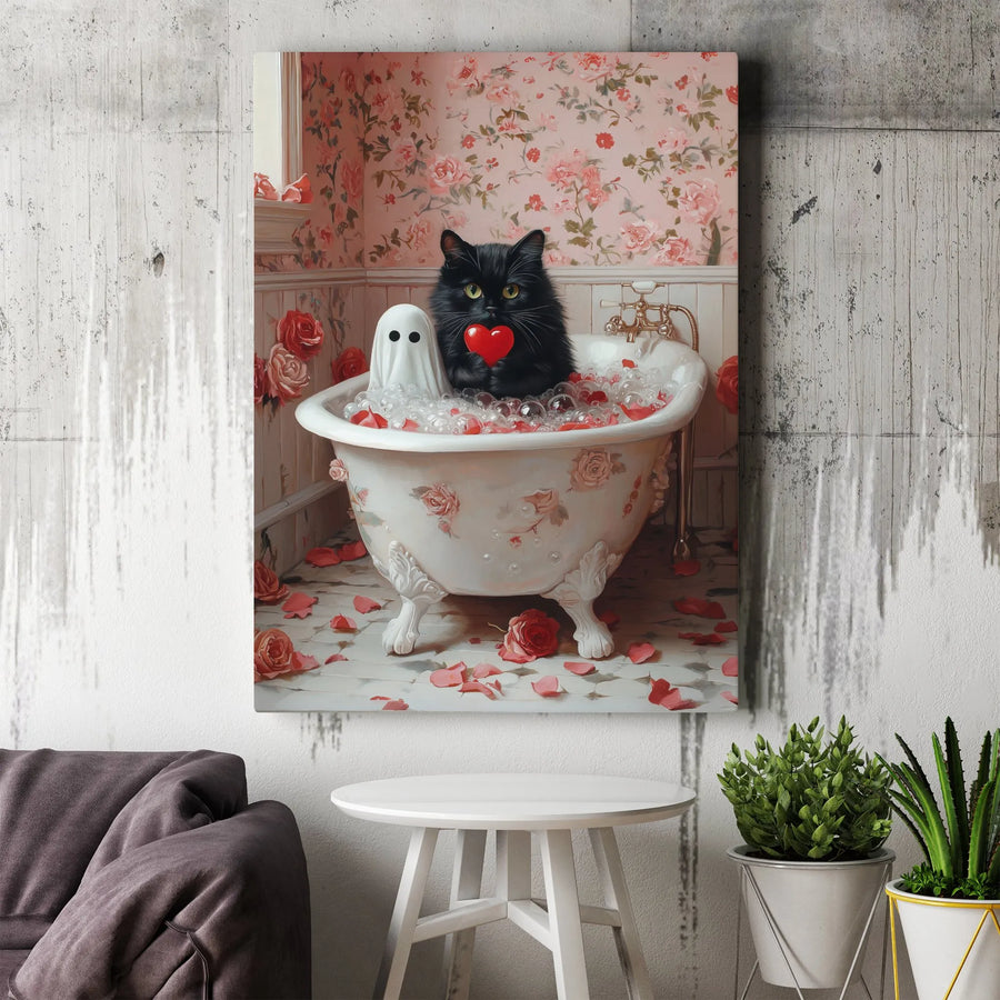 Black Cat and Ghost Canvas Art | Romantic Floral Bathtub Aesthetic | Premium Gallery Wrap Wall Decor | Whimsical Spooky Home Gift for Cat Lovers