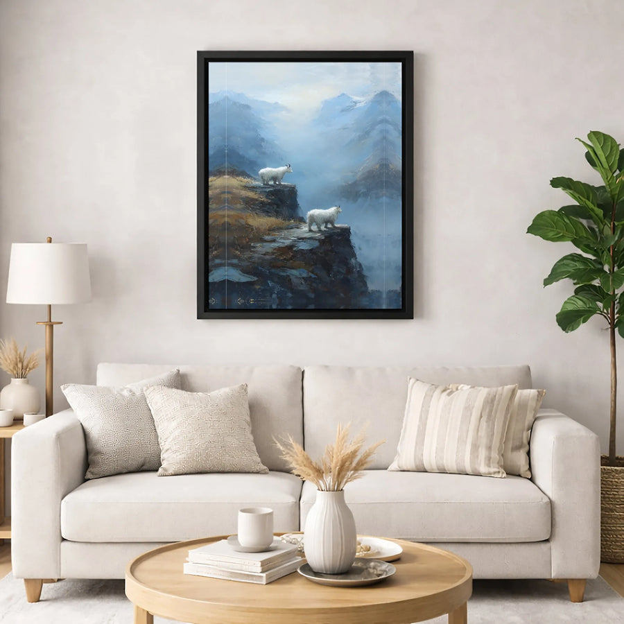 Mountain Goat Wall Art | Majestic Misty Cliff Landscape Painting | Gallery-Quality 1.25" Thick Canvas Print | Nature Lover Home Decor Gift