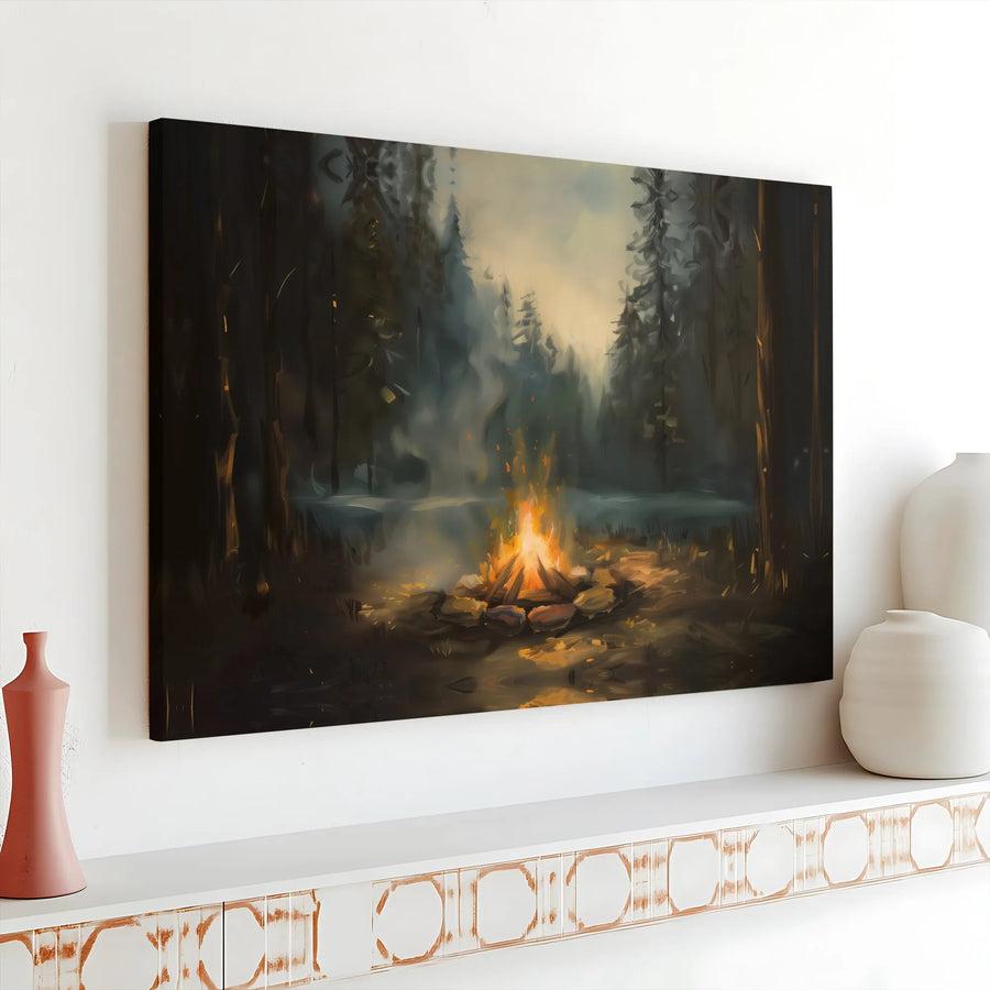 Forest Campfire Canvas Wall Art | Impressionist Night Wilderness Print | Premium Gallery Wrap Decor | Moody Cabin Aesthetic Gift