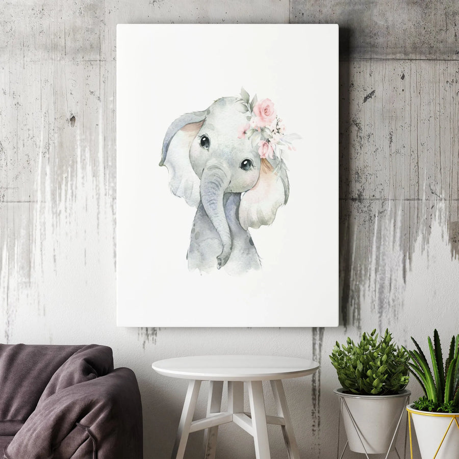 Baby Elephant Canvas Wall Art | Watercolor Floral Crown Nursery Decor | Premium Gallery Wrap | Cute Animal Print Gift for Baby Shower or Nursery