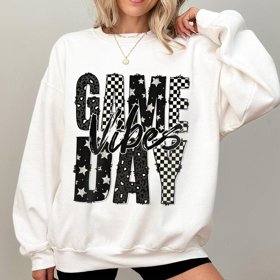 Game Day Vibes Sweatshirt | Checkerboard Animal Print Graphic | Cotton Blend Premium Apparel | Trendy Football Season Gift For Sports Moms