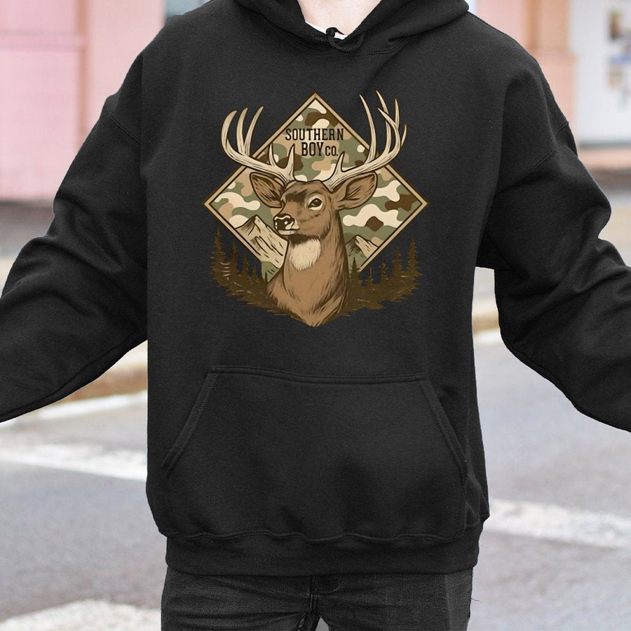 Camo Buck Deer Hoodie | Southern Boy Co Nature Graphic | Soft Cotton-Poly Blend | Hunter Outdoorsman Gift For Men And Women