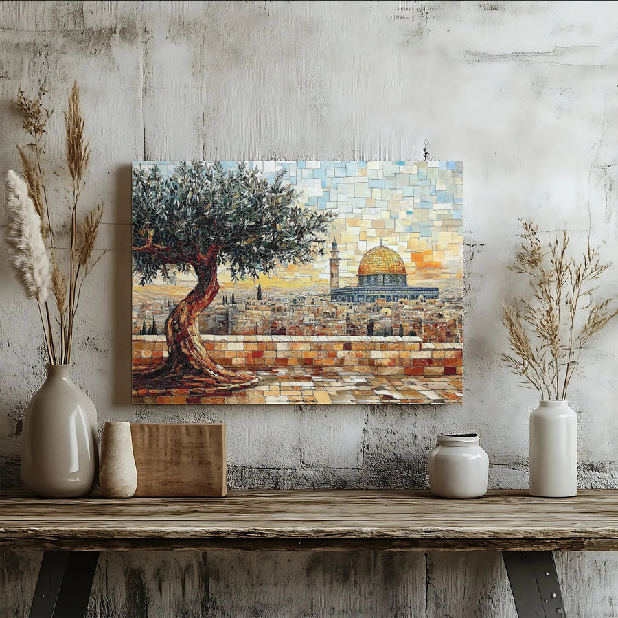 Jerusalem Mosaic-Style Horizontal Canvas | Ancient Olive Tree and Dome of the Rock | Premium 1.25 Inch Frameless Gallery Wrap | Holy Land Home Decor Gift