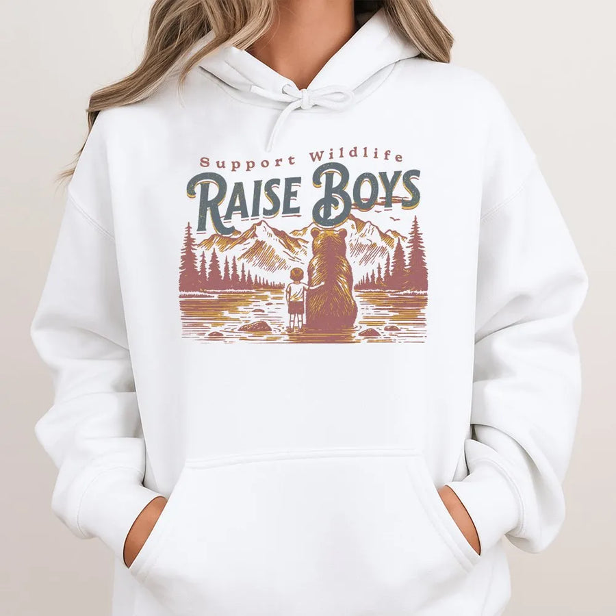 Support Wildlife Raise Boys Hoodie | Funny Mama Bear Graphic Tee | Premium Cotton Comfort Colors Shirt | Nature Lover Gift for Mom