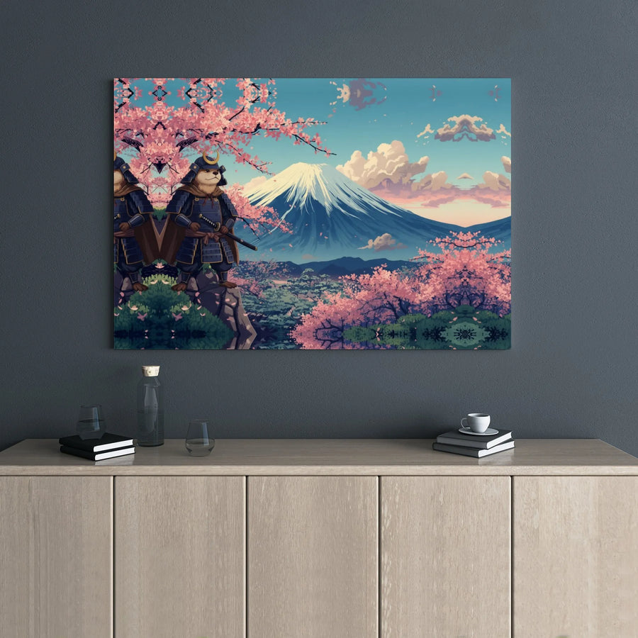Otter Samurai Canvas Art | Mount Fuji Cherry Blossom Wall Decor | Gallery Wrapped Premium Print | Unique Gift for Animal Lovers & Japan Enthusiasts