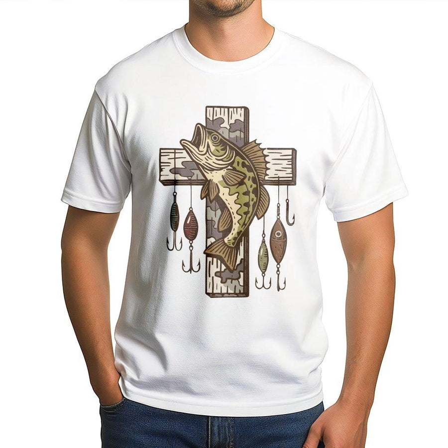Fishing Cross T-Shirt | Bass Fish Lure Design | 100% Cotton Premium Tee | Christian Outdoors Gift for Fisherman & Men