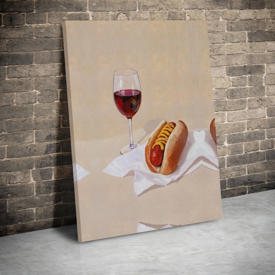 Hot Dog and Wine Painting Canvas | Humorous Still Life Modern Pop Art | Premium Gallery Wrapped Canvas | Unique Kitchen & Bar Wall Decor Gift