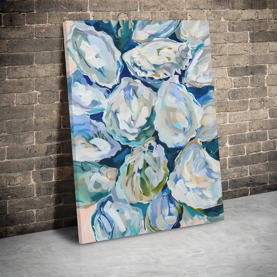 Abstract Oyster Shell Canvas Print | Coastal Blue and White Wall Art | Premium Gallery Wrap 1.25" Frame | Modern Nautical Home Decor