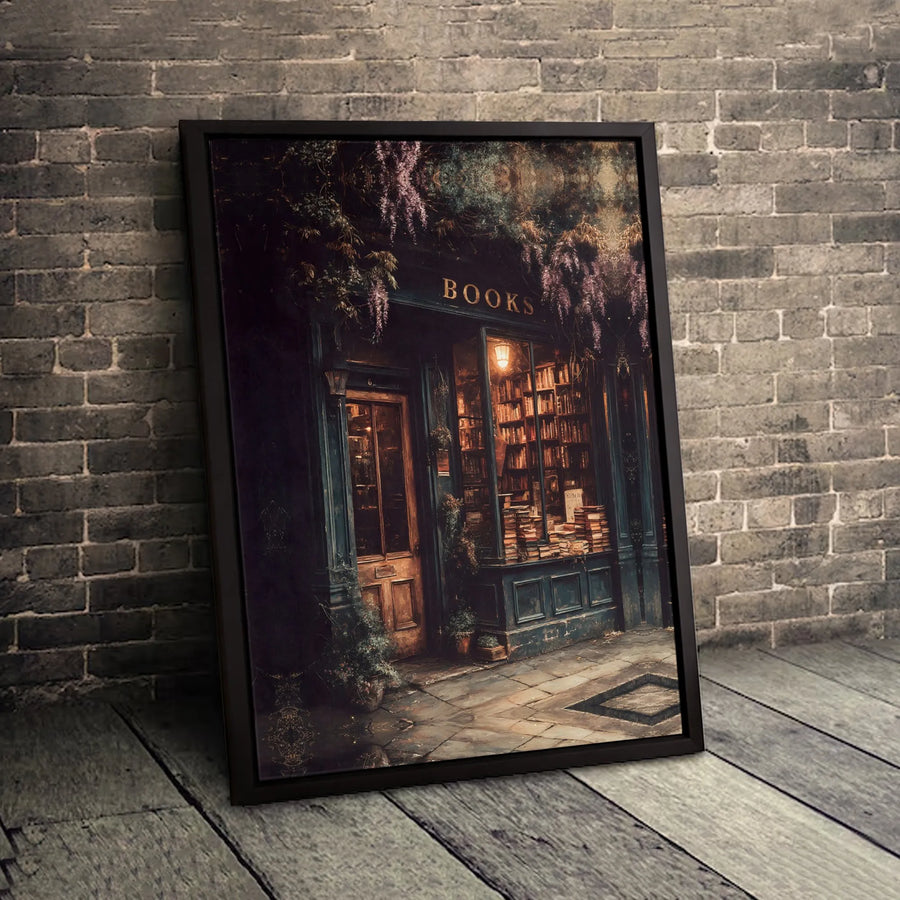Charming Bookstore Canvas Wall Art | Nighttime Wisteria Library Print | Gallery-Wrapped Premium Decor | Book Lover Gift for Home Office