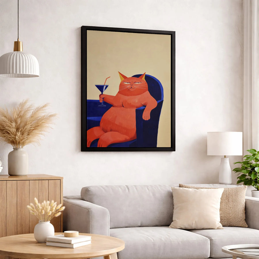 Orange Cat Wall Art | Funny Martini Drinking Cat in Armchair | Gallery-Quality Canvas Print | Modern Animal Lover Home Decor Gift