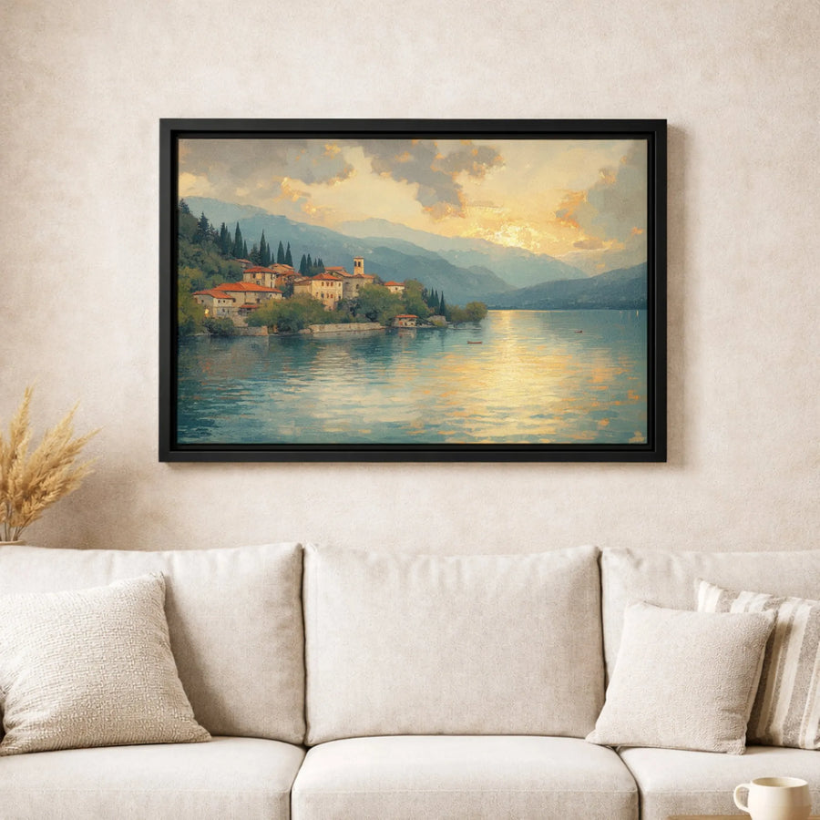 Italian Lake Village Canvas Wall Art | Impressionist Sunset Landscape | Gallery-Wrapped Premium Print | Mediterranean Home Decor Gift