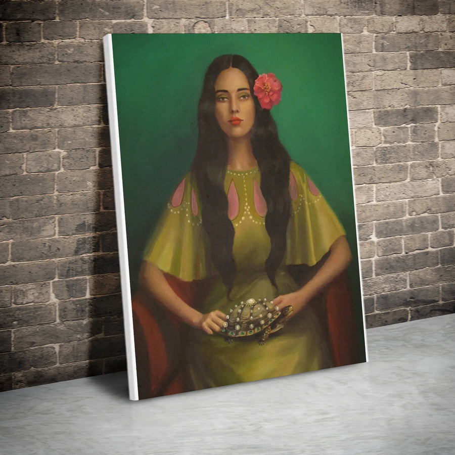 Mystic Woman with Turtle Vertical Canvas | Surrealist Fine Art Portrait | Premium Gallery Wrapped Print | Collector's Home Decor Gift