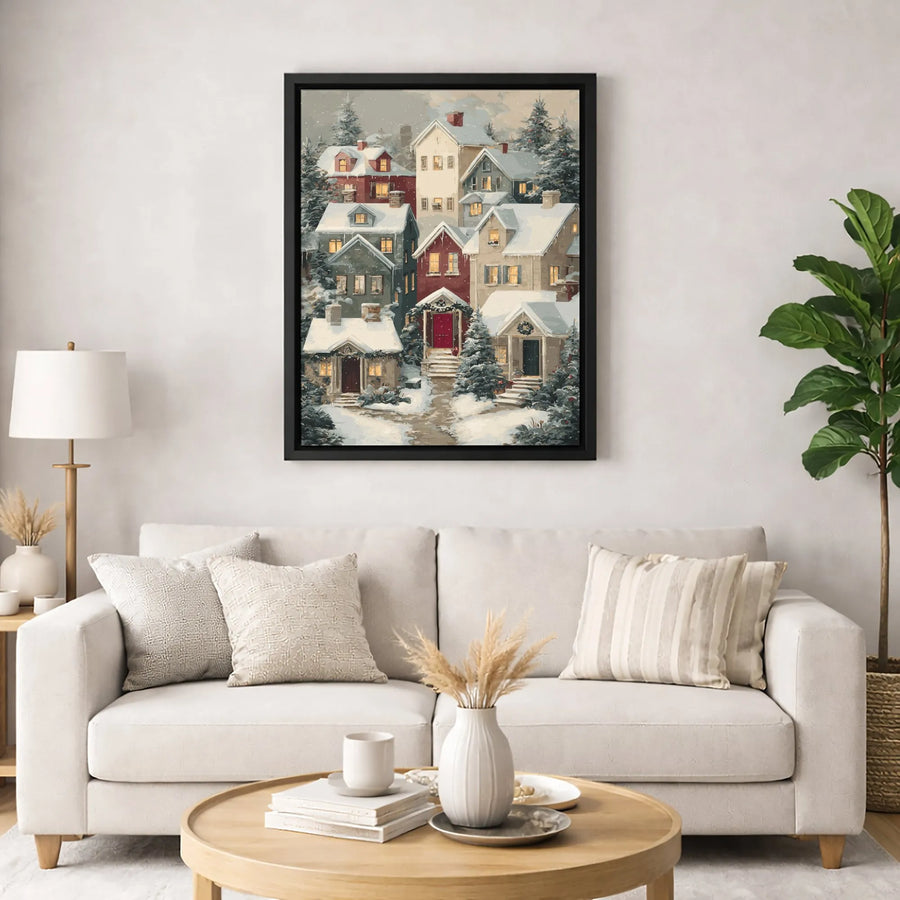Snowy Christmas Village Canvas | Winter Pine Trees Holiday Landscape | Premium Gallery Wrapped Wall Art | Festive Home Decor Gift