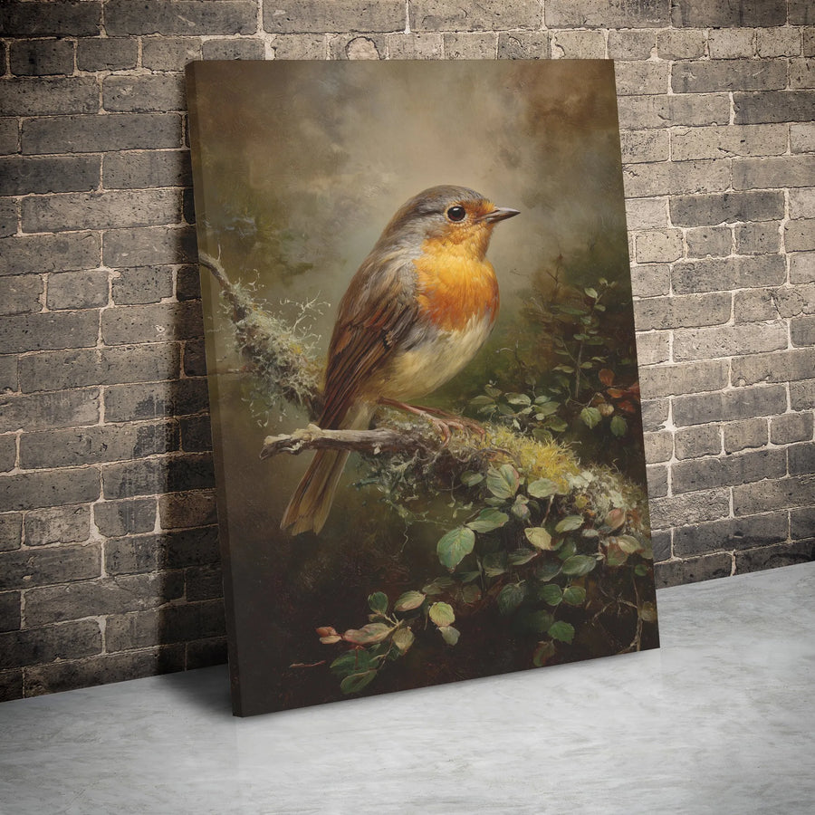 Robin Bird Canvas Print | Vintage Style Oil Painting Art | 1.25 Inch Gallery Wrap | Nature Wall Decor Gift for Bird Lovers