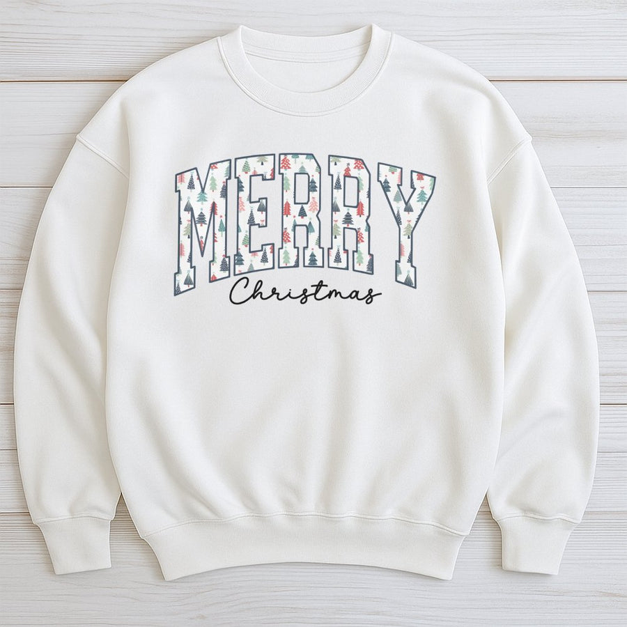 Merry Christmas Sweatshirt | Cute Pine Tree Pattern Lettering | Premium Cotton Blend | Unisex Holiday Gift for Her & Him
