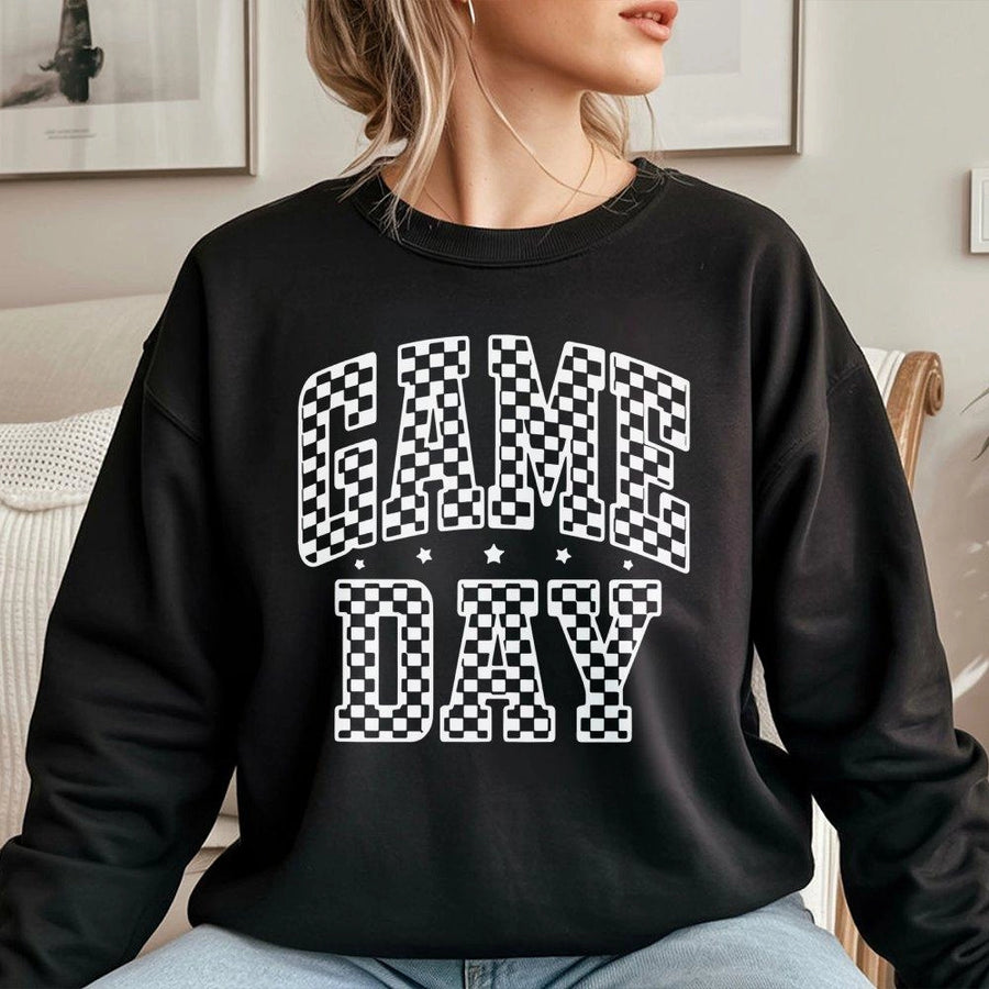 Game Day Sweatshirt | Checkerboard Graphic Print | Premium Cotton Blend | Unisex Football Tailgate Apparel Gift for Sports Fans