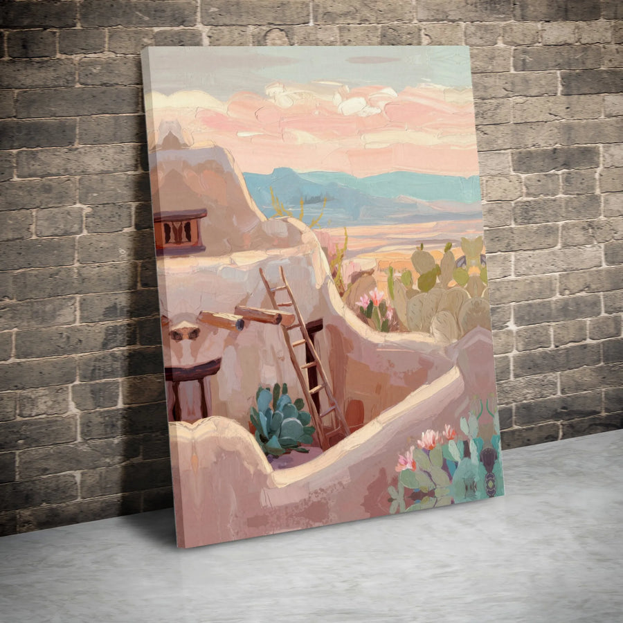 Southwestern Canvas Print | Adobe Pueblo and Cactus Desert Scene | Premium Gallery Wrapped Canvas | Southwestern Home Decor Gift