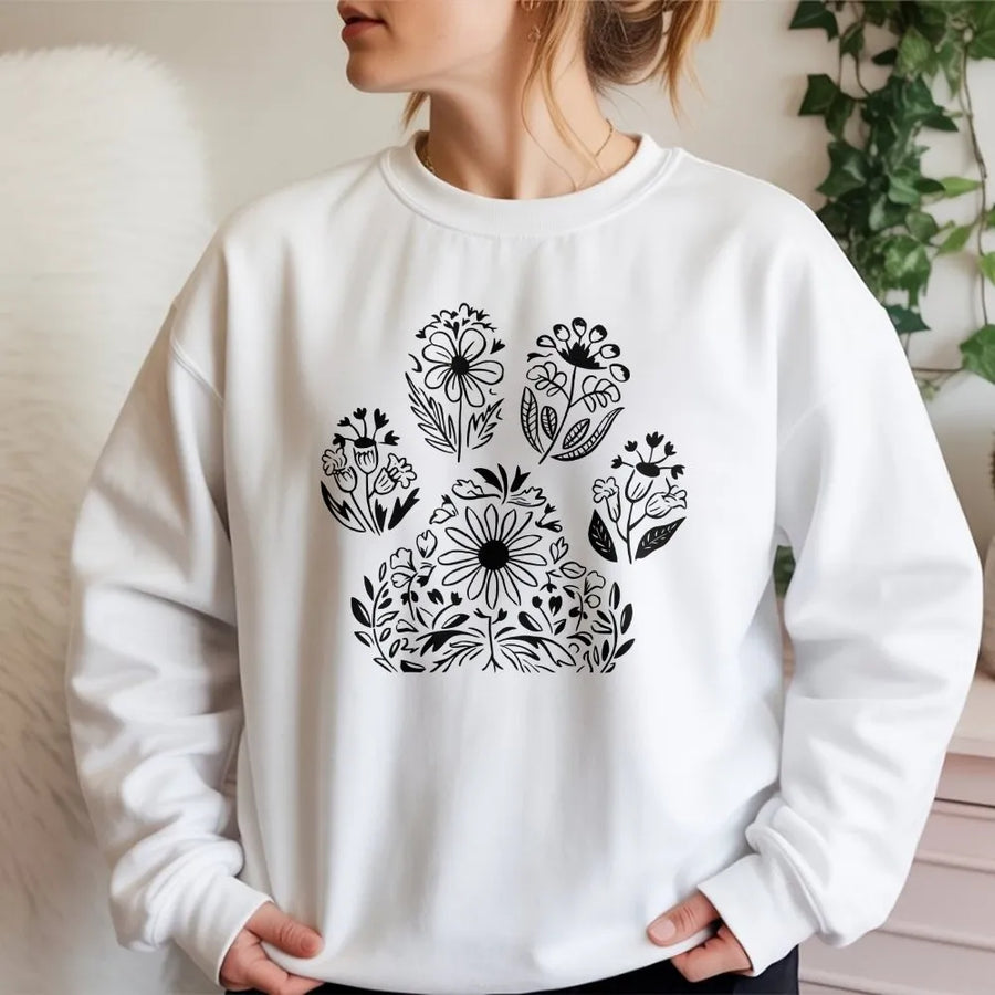 Floral Paw Print Sweatshirt | Botanical Wildflower Dog Graphic | Premium Soft Cotton Blend | Gift for Dog Mom, Animal Rescue Supporter