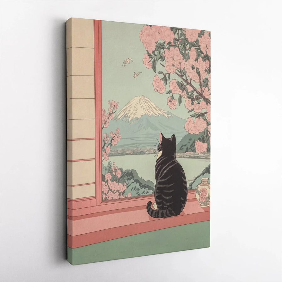 Japanese Cat Wall Art | Mount Fuji Cherry Blossom Ukiyo-E Print | Gallery-Quality 1.25-Inch Canvas | Aesthetic Gift for Cat Lovers & Japan Enthusiasts