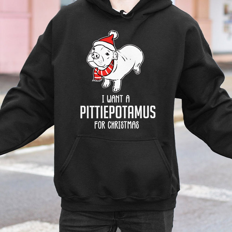 I Want A Pittiepotamus For Christmas Hoodie | Cute Pitbull Santa Hat Graphic | Premium Cotton Blend Sweatshirt | Funny Dog Lover Holiday Gift