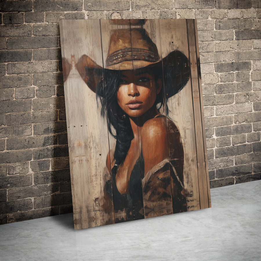 Black Cowgirl Wall Art | Rustic Western Portrait on Wood Grain | Premium Gallery Wrap Canvas | Unique Farmhouse Decor for Home or Office