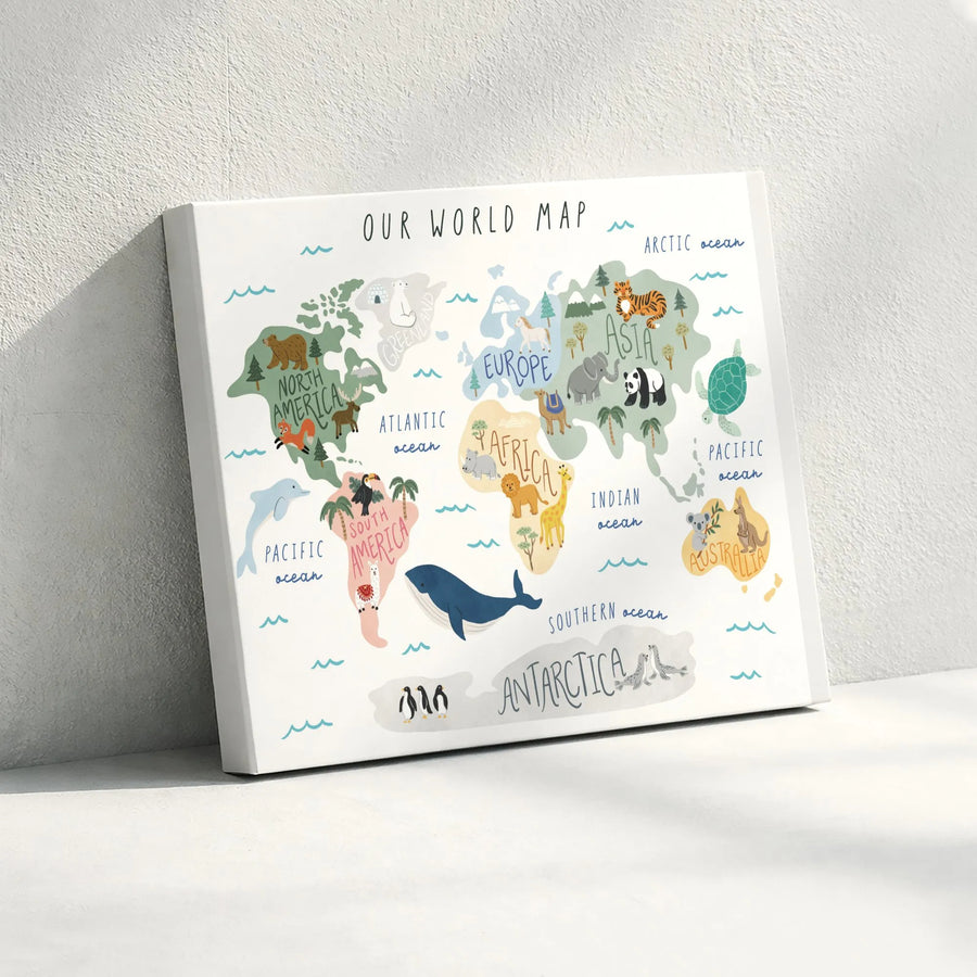 Animal World Map Canvas Wall Art | Educational Illustrated Continents | Premium Gallery Wrapped Print | Nursery & Playroom Decor Gift for Kids