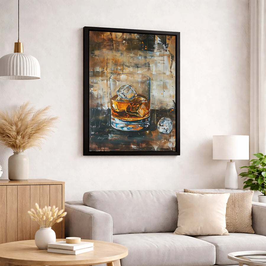 Whiskey Glass Canvas Wall Art | Abstract Alcohol Oil Painting Style | Premium 1.25" Gallery Wrap | Bar Decor & Man Cave Gift
