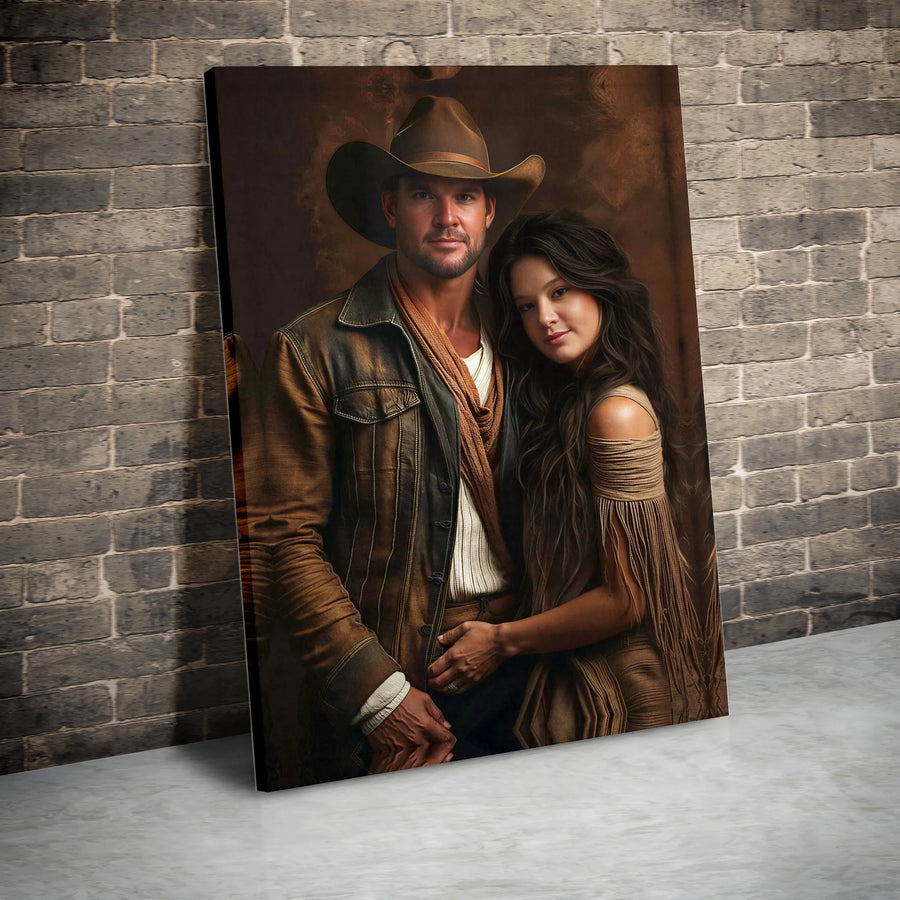 Western Cowboy Couple Canvas Wall Art | Romantic Rustic Portrait | Premium Fade-Resistant Gallery Wrap | Anniversary Gift for Country Couples