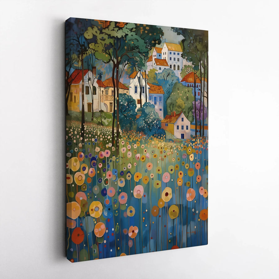 Colorful Hillside Village Canvas | Abstract Meadow Floral Wall Art | Premium Fade-Resistant Gallery Print | Modern Home Decor Gift