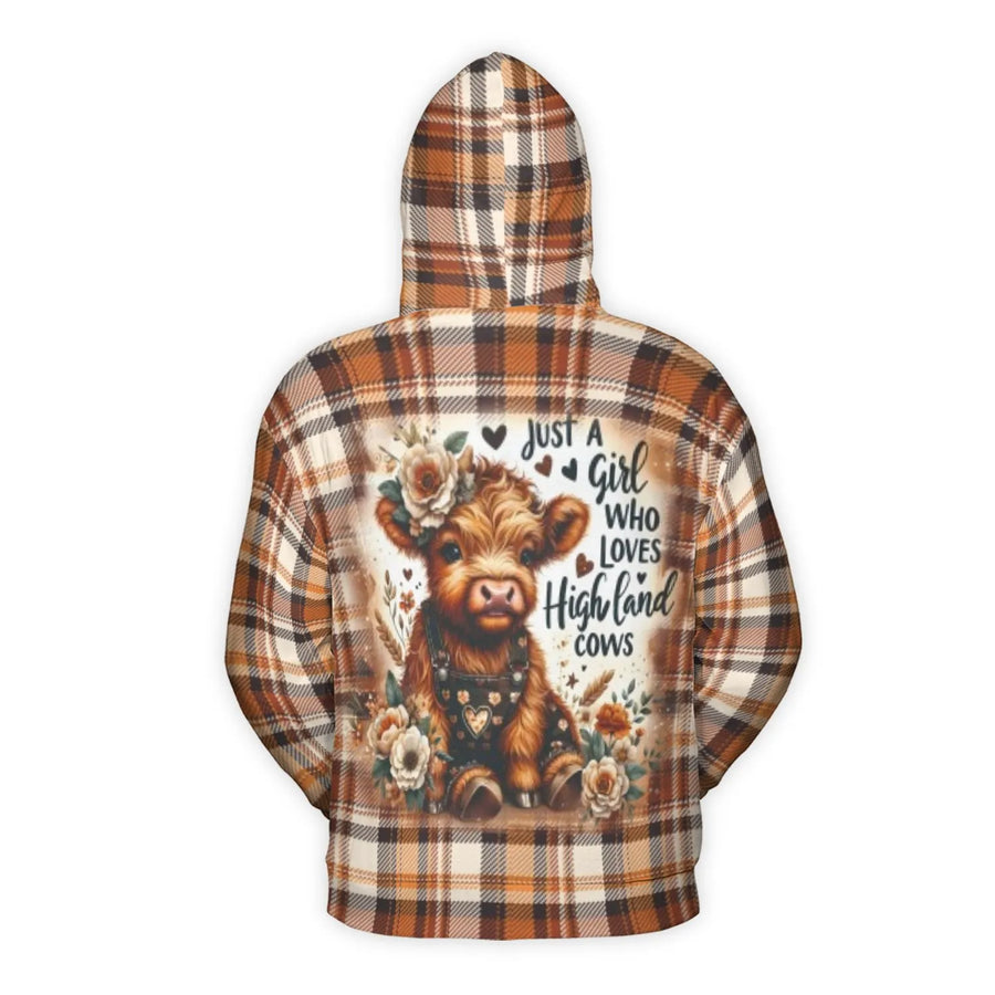 Highland Cow Hoodie | Cute Farm Animal Plaid Graphic Print | Premium Soft Fleece Lining | Gift For Highland Cow Lover Women Girls