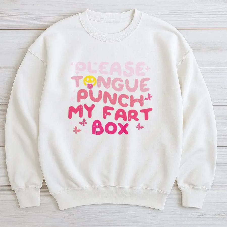 Tongue Punch My Fart Box Sweatshirt | Inappropriate Humor Graphic | Premium Cotton Blend | Funny Rude Meme Gift For Friends