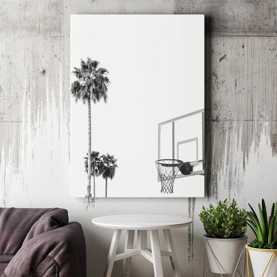 Basketball Palm Tree Vertical Canvas | Minimalist Black and White Photography | Premium Gallery Wrap | Modern Home Decor Gift for Basketball Fan