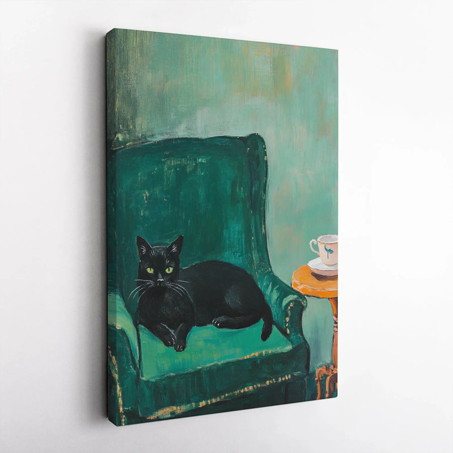 Black Cat Wall Art | Vintage Aesthetic Green Armchair Oil Painting Style | Premium Gallery Wrap Canvas | Whimsical Home Decor Gift for Cat Lovers
