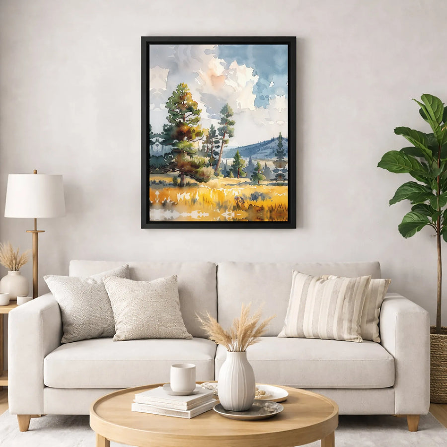 Watercolor Mountain Pine Forest Canvas Art | Golden Meadow Landscape Print | 1.25 Inch Gallery Wrap | Modern Nature Wall Decor For Home Office