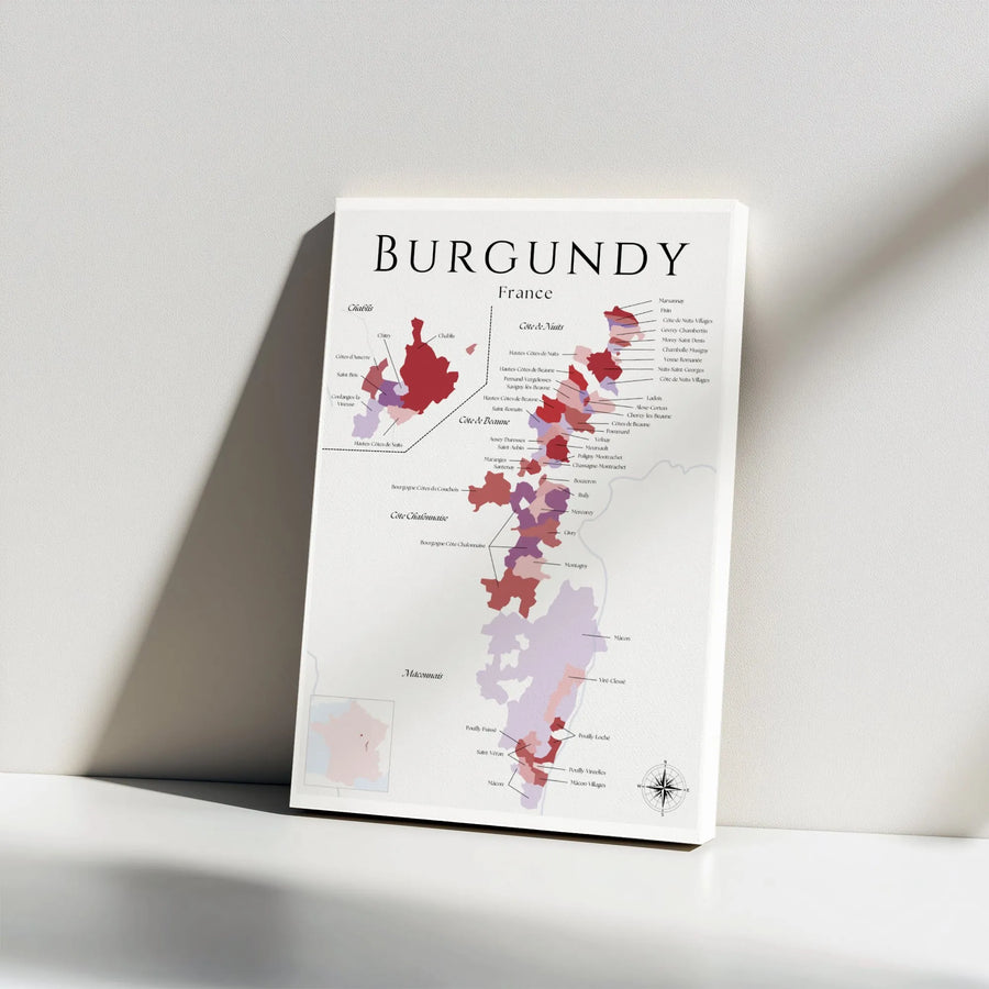 Burgundy Wine Region Map Canvas | French Viticulture Art | Premium Gallery Wrapped Decor | Gift for Wine Lovers and Sommelier