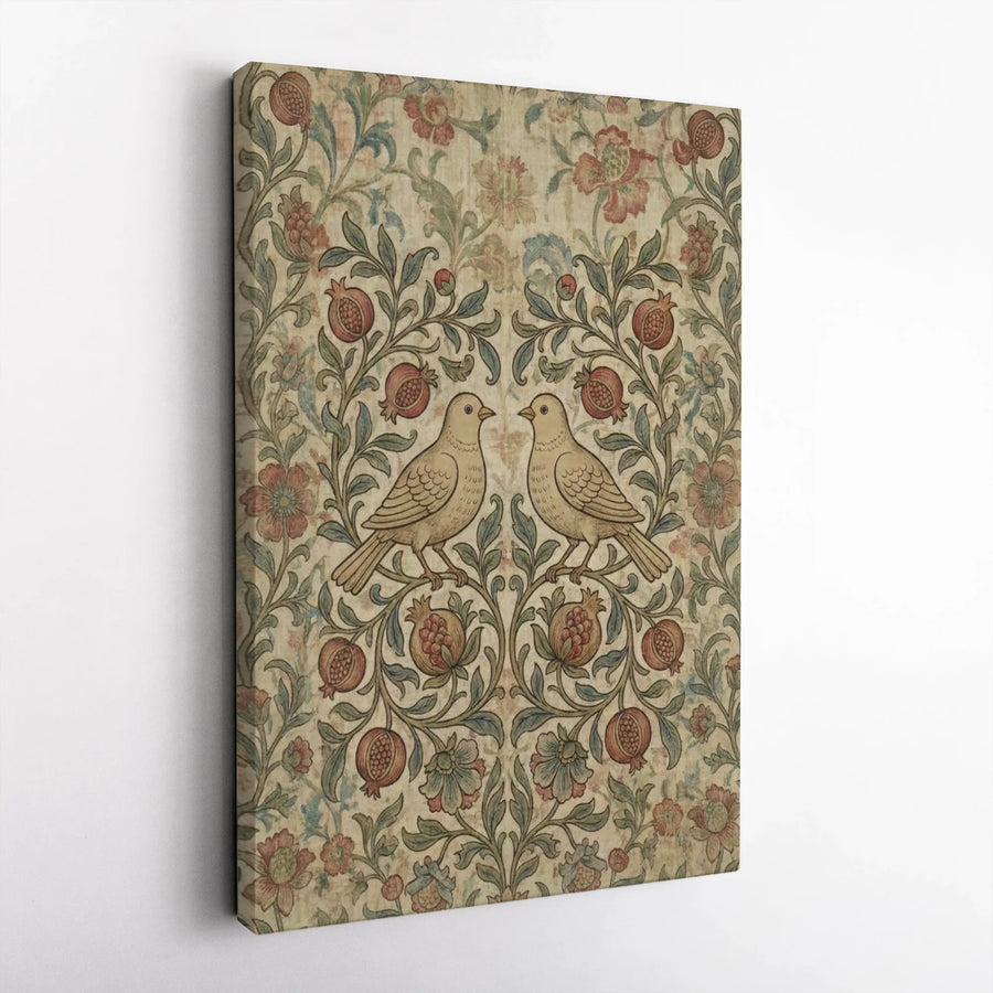 Vintage Bird & Pomegranate Canvas Wall Art | William Morris Style Folk Art Print | Premium Gallery Wrap Canvas | Cottagecore Home Decor Gift