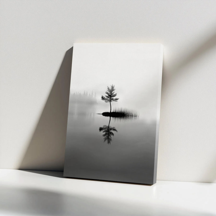 Minimalist Tree Wall Art | Black and White Foggy Lake Reflection | Premium Gallery Wrapped Canvas | Serene Nature Home Decor Gift