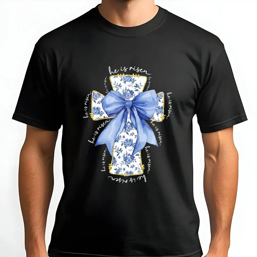He Is Risen T-Shirt | Blue Floral Cross & Bow Graphic | 100% Cotton Premium Tee | Christian Easter Gift for Women