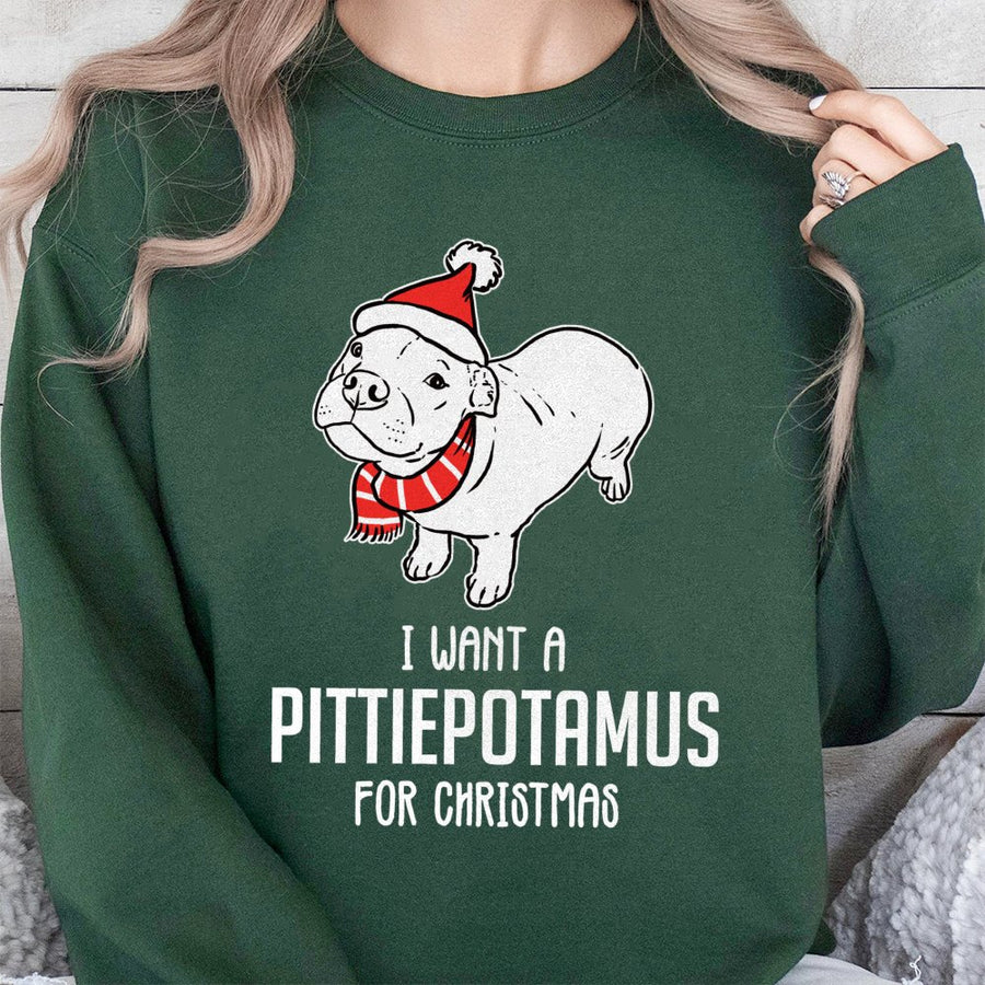 I Want A Pittiepotamus Christmas Sweatshirt | Funny Pitbull Puppy Holiday Design | Soft Cotton-Poly Blend | Cute Gift For Pitbull Mom And Dad
