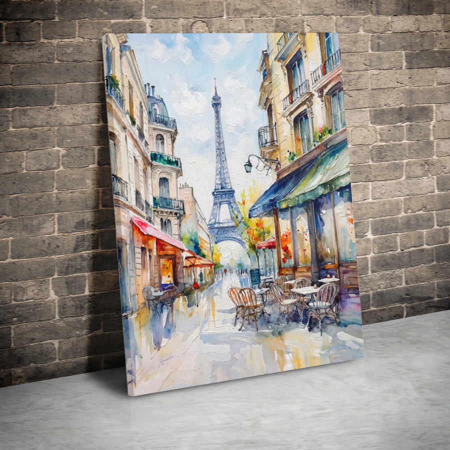 Paris Eiffel Tower Canvas Wall Art | Watercolor Paris Cafe Scene with Textured Print Effect | Premium Gallery Wrap Canvas | Romantic French Home Decor Gift