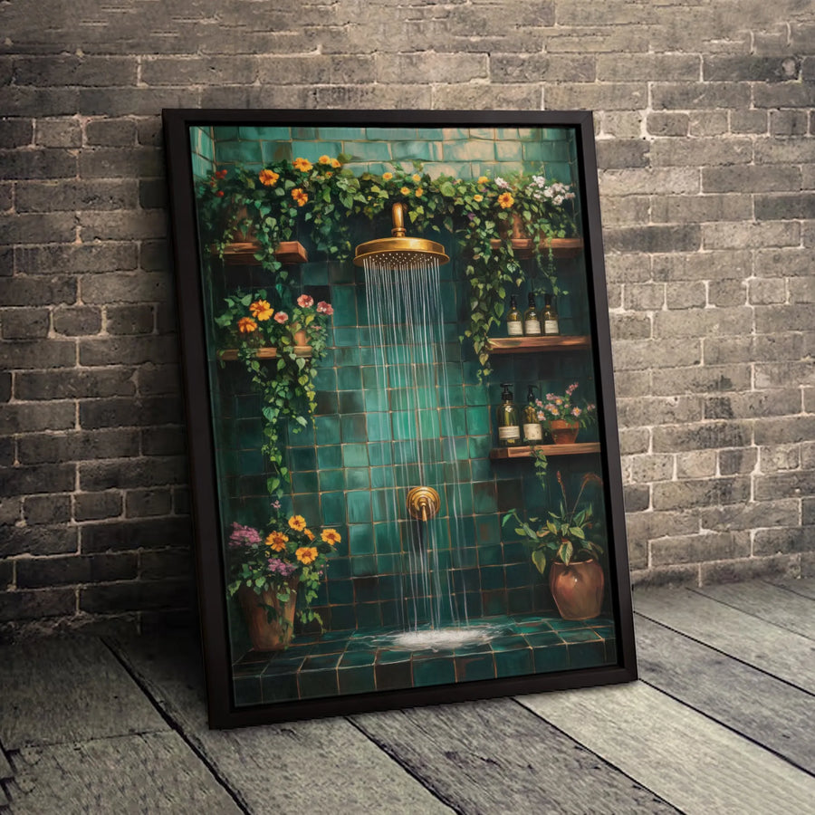 Botanical Shower Canvas Print | Green Tile Bathroom Wall Art | Premium Gallery Wrapped Decor | Nature-Inspired Home Gift